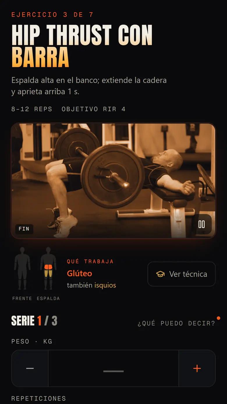 Pantalla del hip thrust con barra en curso, con la indicación de extender la cadera y apretar arriba un segundo.