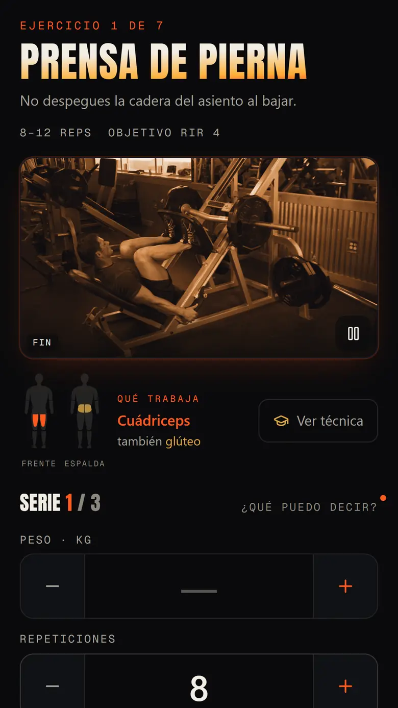 Pantalla de la prensa de pierna en curso: indicación de técnica, foto de la ejecución, músculos que trabaja y botón Ver técnica.