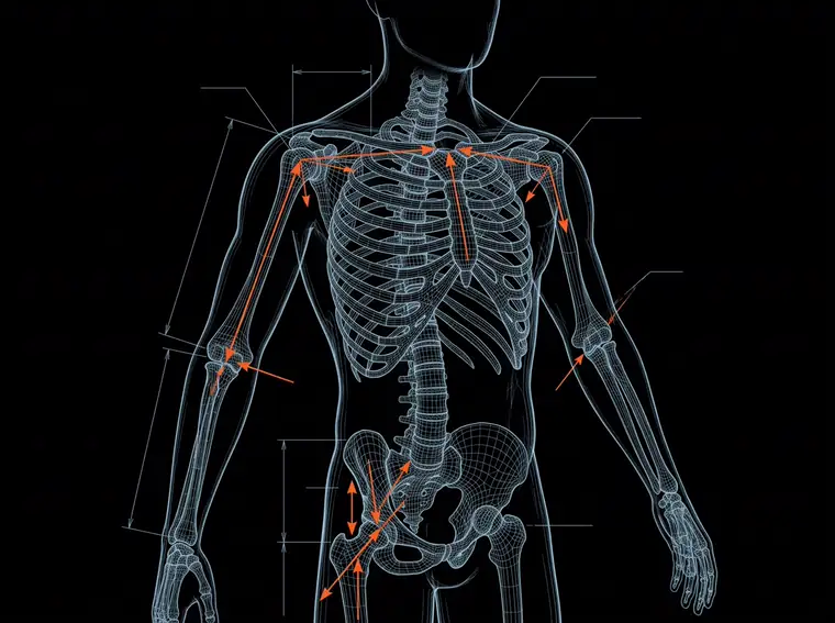 Esquema técnico de un torso humano con las rutas de carga marcadas en ámbar sobre líneas azules.