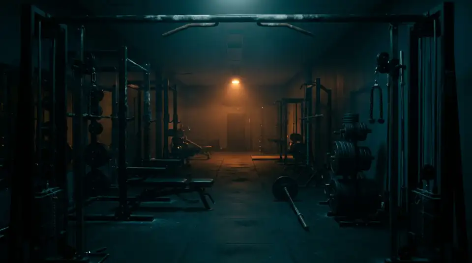 El gimnasio cerrado y a oscuras, con una sola lámpara ámbar encendida al fondo.