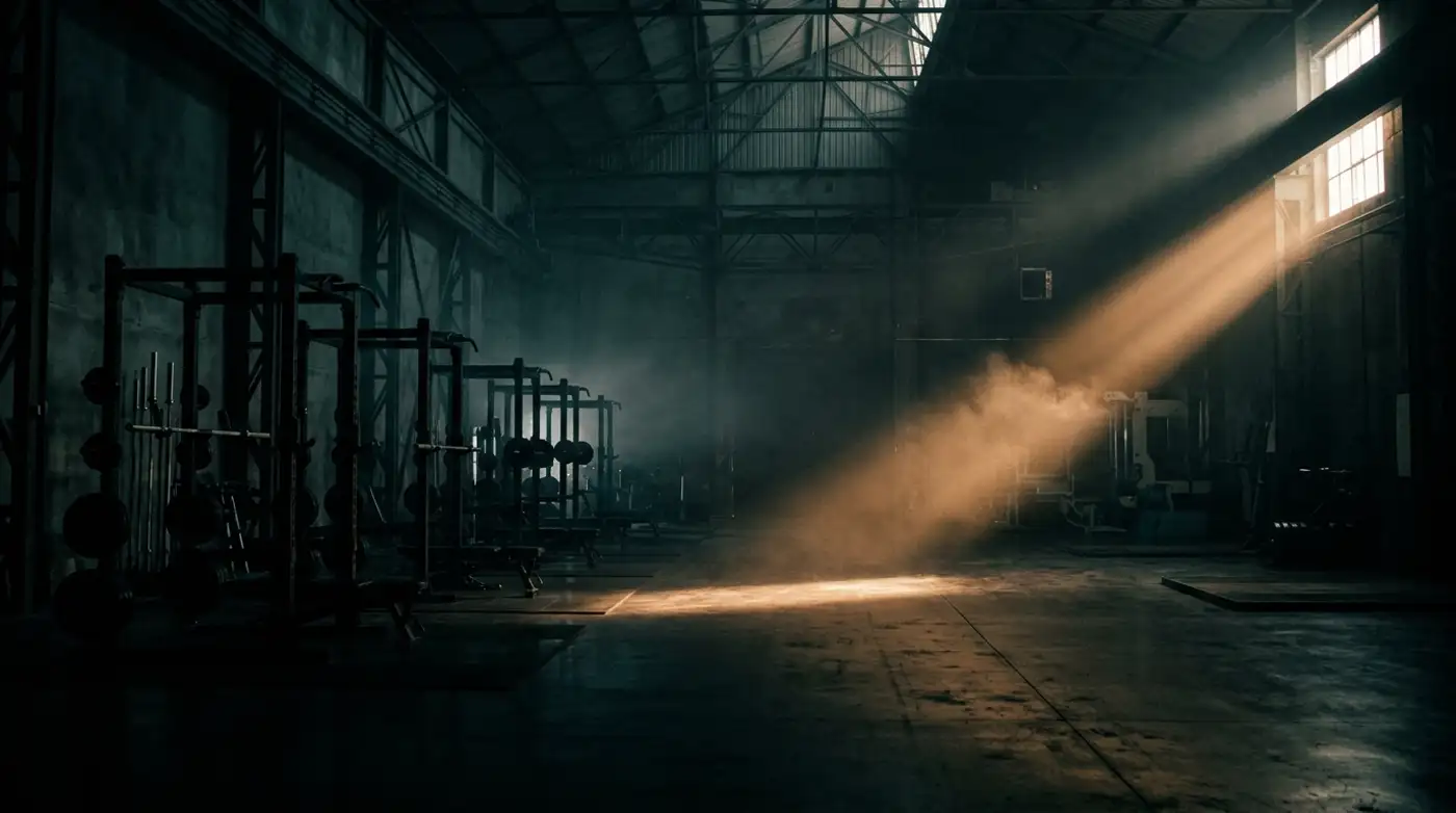 Nave industrial de entrenamiento vacía: un haz de luz ámbar atraviesa la bruma en diagonal y roza el suelo de hormigón, con una hilera de jaulas en penumbra al fondo.