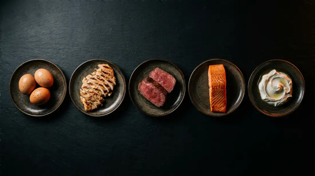 Cinco platos oscuros alineados sobre pizarra, cada uno con una ración de alimento proteico: huevos, pollo a la plancha, res, salmón y yogur griego.