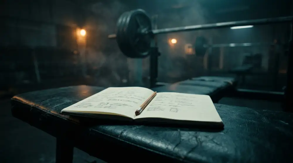 Una libreta abierta con anotaciones a lápiz sobre el banco de un gimnasio a oscuras, con una barra cargada desenfocada al fondo.